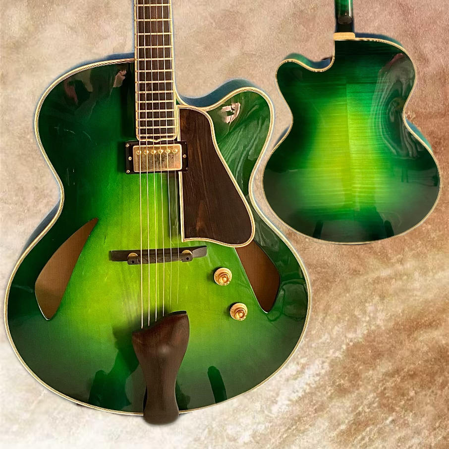 LANDTOM 19NYL Luthier Handcrafted 16" Jazz Hollow Body Electric Guitar Professional Flamed Maple Solid Wood Green Spruce Top/ Ebony