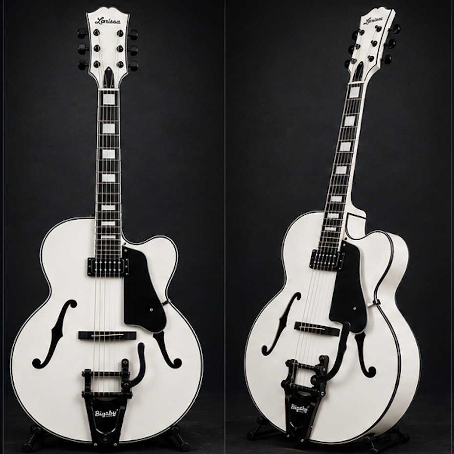 LANDTOM Hollow Archtop Jazz Guitar Carved Maple Neck Solid Hollow Body Spruce Top White Color Handmade 6-String Ebony 18inch Customization Available
