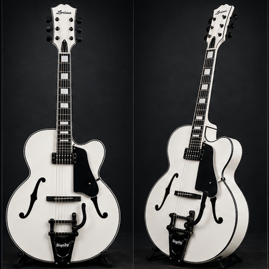 LANDTOM Hollow Archtop Jazz Guitar Carved Maple Neck Solid Hollow Body Spruce Top White Color Handmade 6-String Ebony 18inch Customization Available