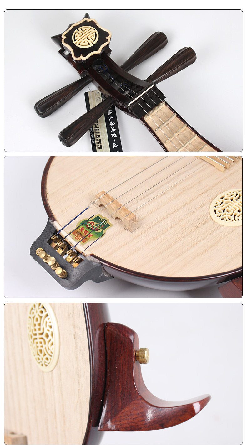 Dunhuang敦煌 652 Professional Liuqin with Fine Tuners, Paulownia Soundboard, Dalbergia Rosewood Body & African Blackwood Tuning Pegs, 4-String Chinese Mandolin for Performance & Examinations