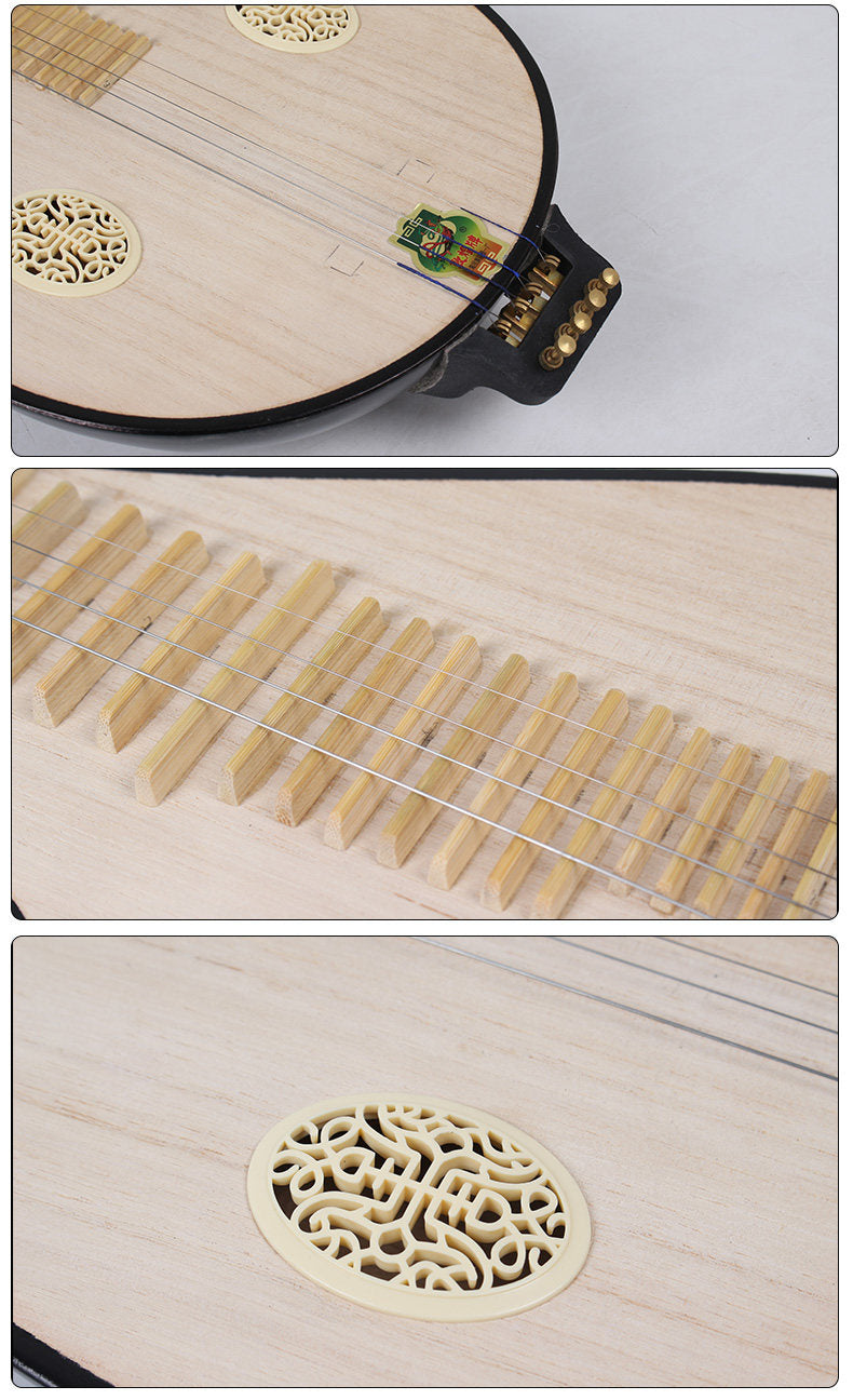 Dunhuang敦煌 654 Ruyi Head Liuqin Beginner Chinese Mandolin with Paulownia Soundboard, Catalpa Wood Body and Rosewood Pegs with Bone Inlays, 4-String Traditional Chinese Instrument