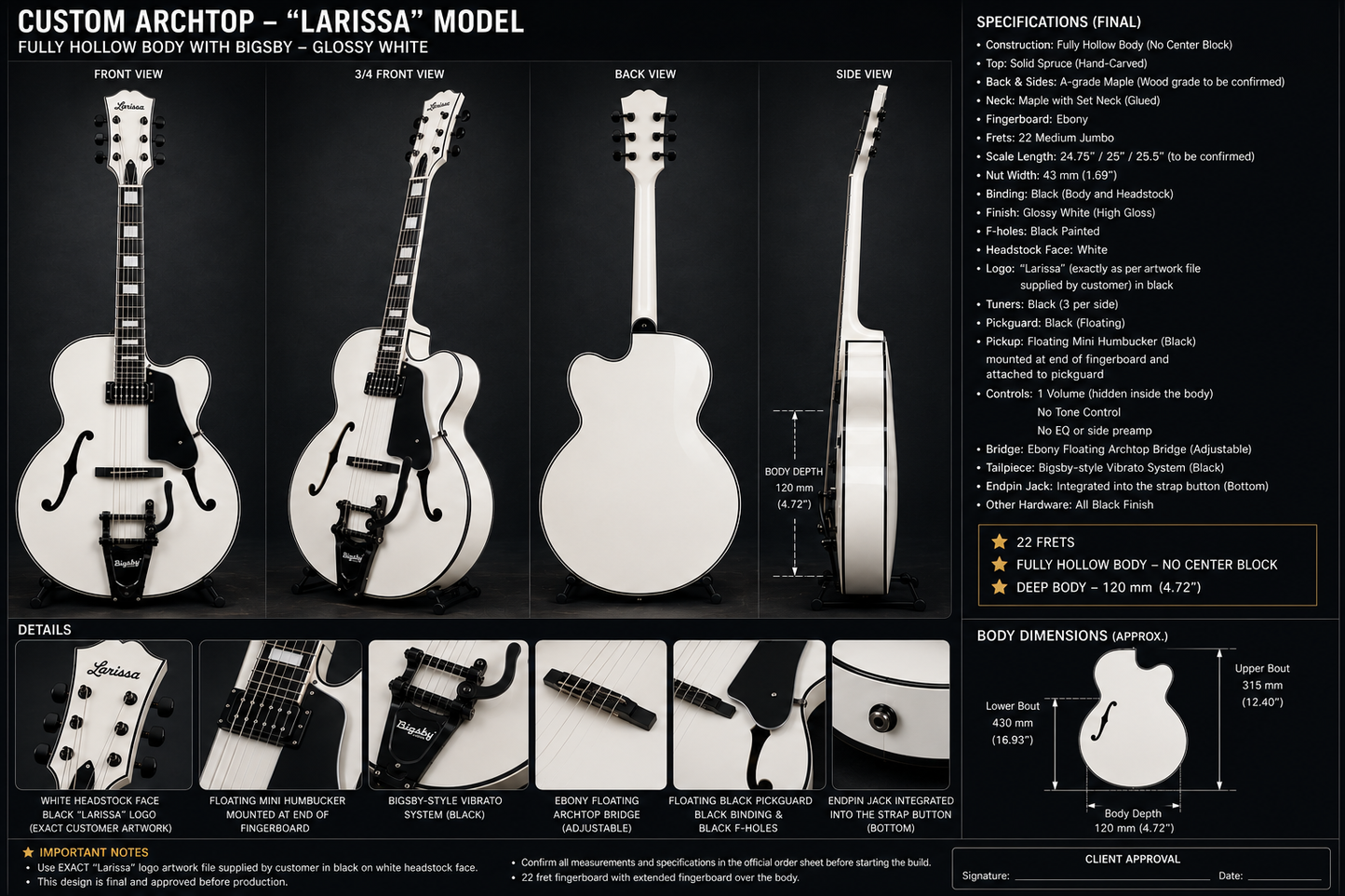 LANDTOM Hollow Archtop Jazz Guitar Carved Maple Neck Solid Hollow Body Spruce Top White Color Handmade 6-String Ebony 18inch Customization Available