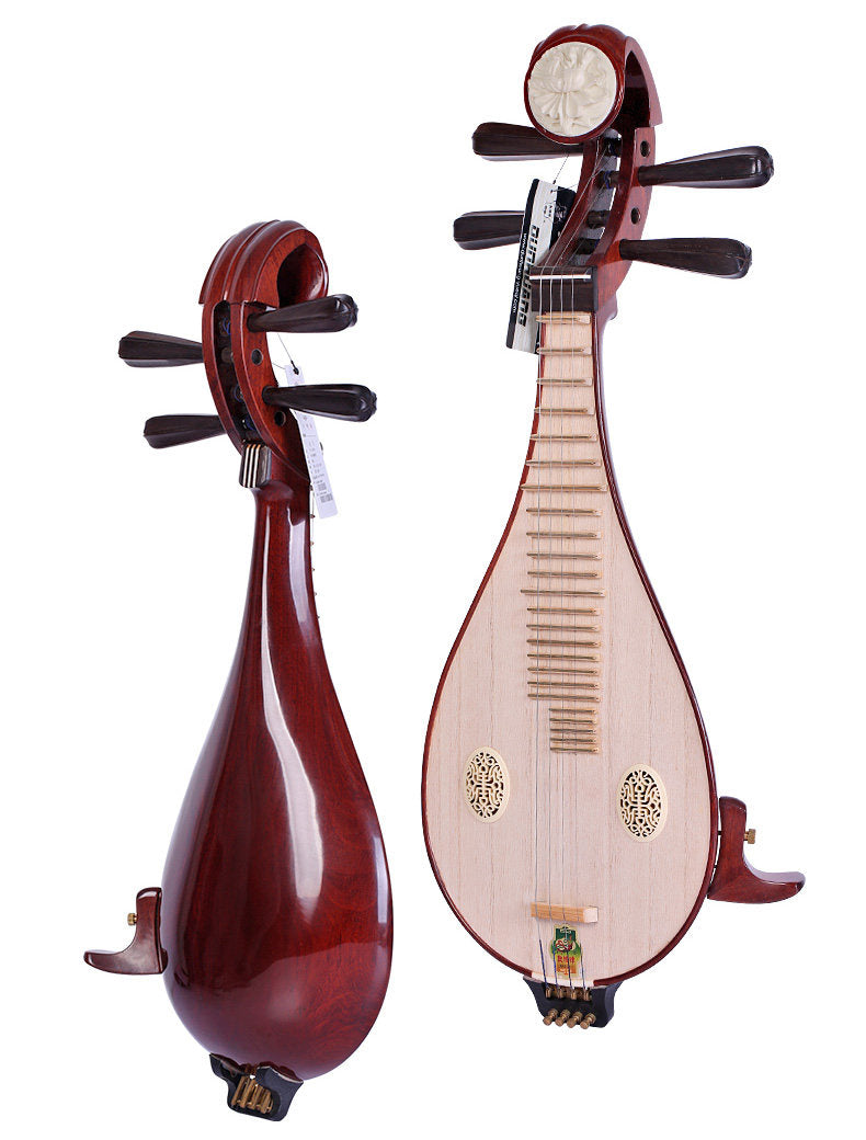 Dunhuang敦煌 651M Professional Liuqin Paulownia Soundboard, Dalbergia Rosewood Body & Aged Rosewood Six-Ridged Tuning Pegs, Peony Headstock, 4-String Chinese Mandolin for Performance & Examinations