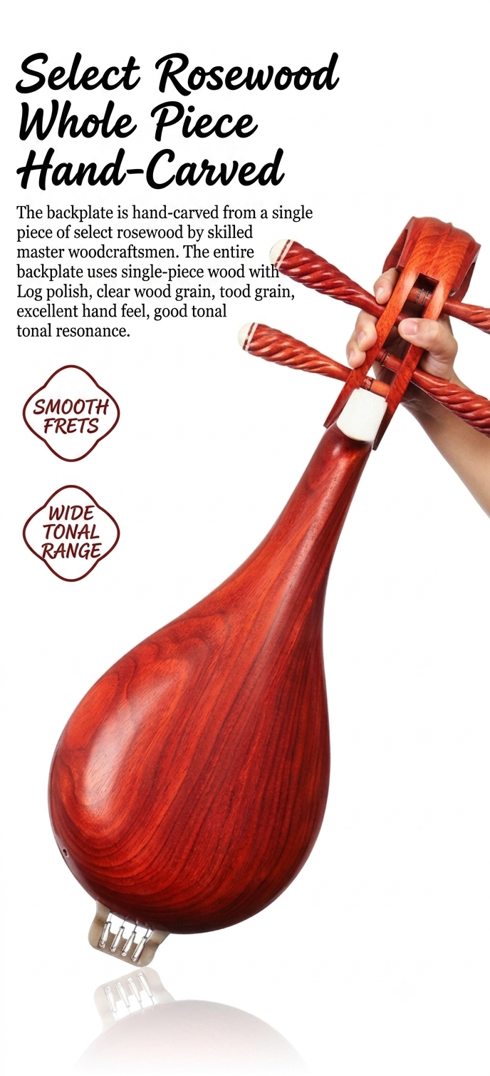 LANDTOM Rosewood Liuqin Beginner & Examination Grade Chinese Mandolin with Paulownia Soundboard, Rosewood Body & Peony Headstock, 4-String Traditional Chinese Instrument