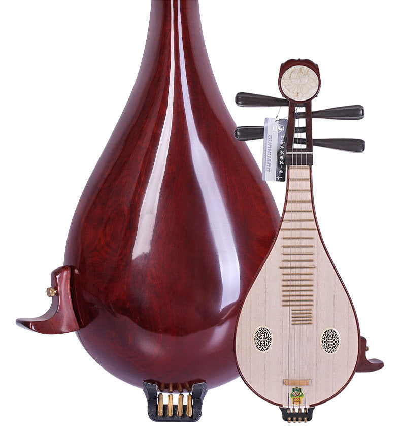 Dunhuang敦煌 651M Professional Liuqin Paulownia Soundboard, Dalbergia Rosewood Body & Aged Rosewood Six-Ridged Tuning Pegs, Peony Headstock, 4-String Chinese Mandolin for Performance & Examinations