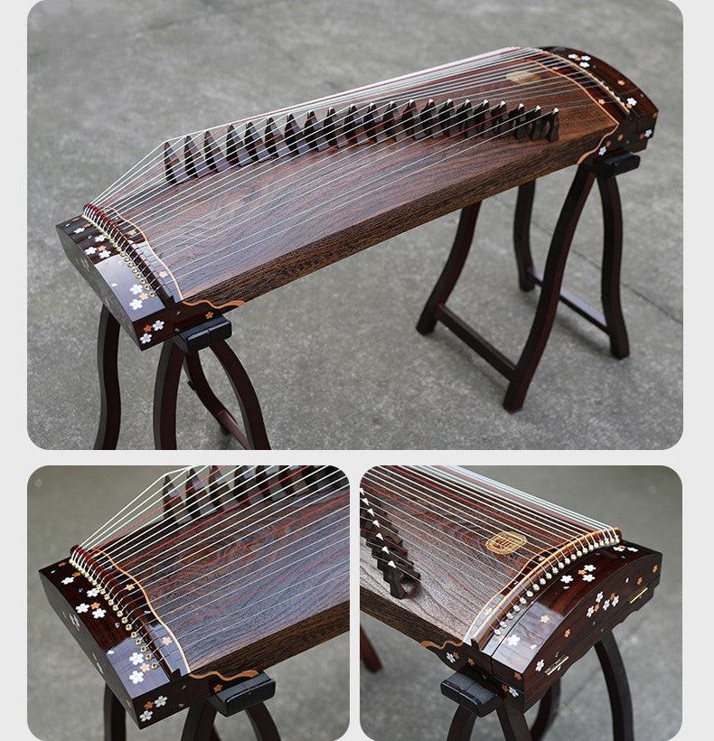Xiansheng仙声 100cm/39.4in Portable Travel Guzheng One-Piece Hollow-Carved Construction 21-String Professional Beginner Guzheng with Grade-A Lankao Paulownia Soundboard, Broadleaf Rosewood Side Panels & Mother-of-Pearl Inlay, Mini Guzheng, Small Guzheng
