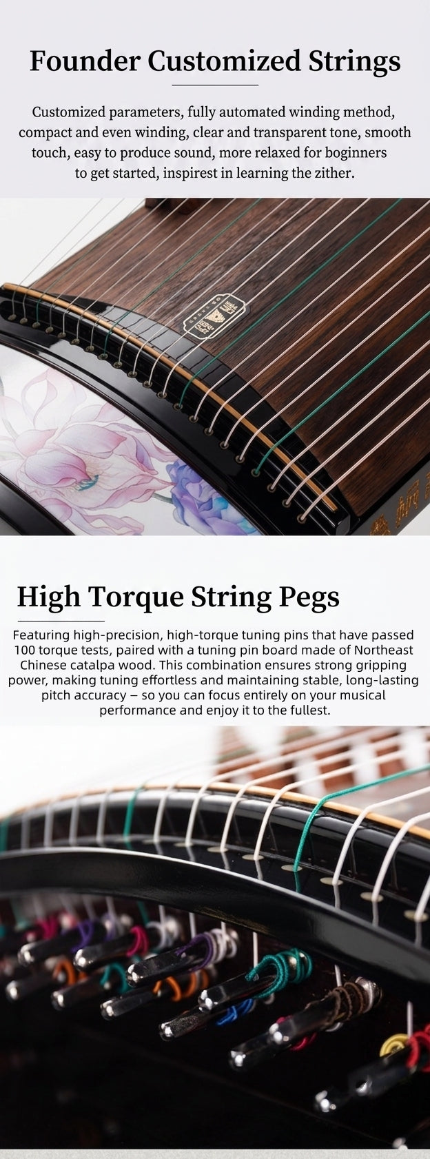 LANDTOM Lotus Harmony Beginner 163cm/64.2in Guzheng with Ebony Wood Body, Lankao Paulownia Soundboard, Gold Accented Lacquer Painting, 21-String Chinese Zither