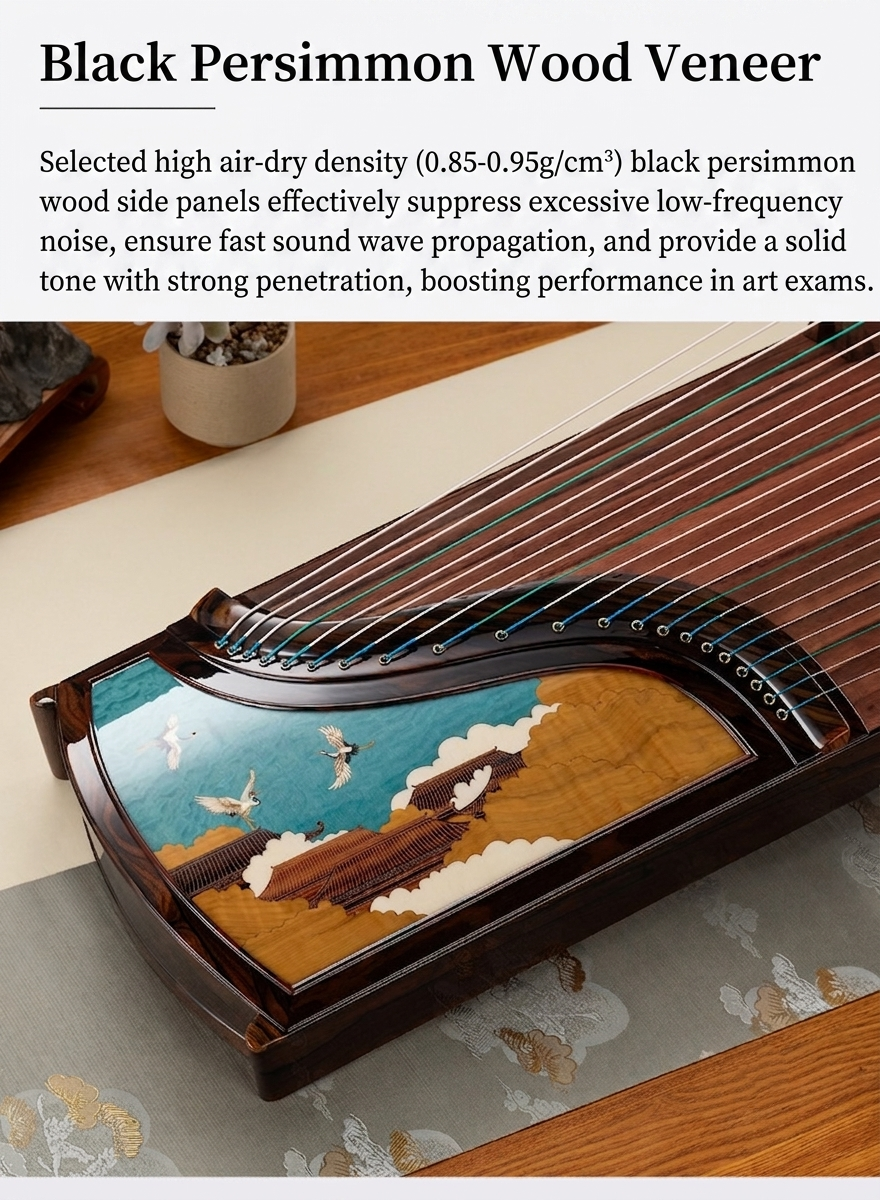 LANDTOM Auspicious Crane 163cm/64.2in Professional Guzheng with Paulownia Soundboard, Black Persimmon Wood Veneer Inlay Carving, Rosewood Bridges & Performance Grade