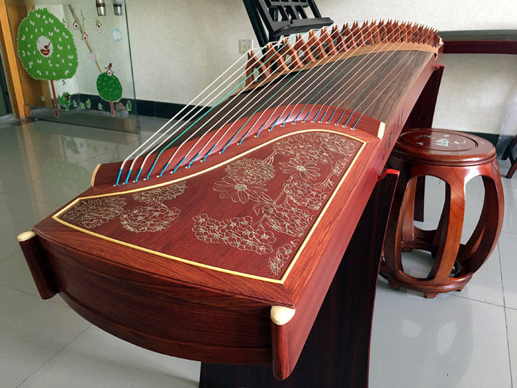 Dunhuang Guzheng 694T-R Rive Gauche Bloom 敦煌牌左岸花开 Redwood Professional Performance Grade 21-String Chinese Zither Traditional Instrument for Advanced Players