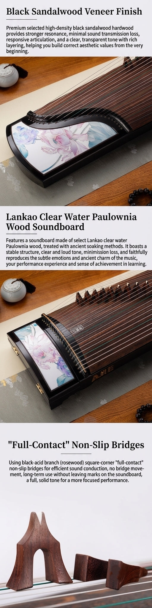 LANDTOM Lotus Harmony Beginner 163cm/64.2in Guzheng with Ebony Wood Body, Lankao Paulownia Soundboard, Gold Accented Lacquer Painting, 21-String Chinese Zither