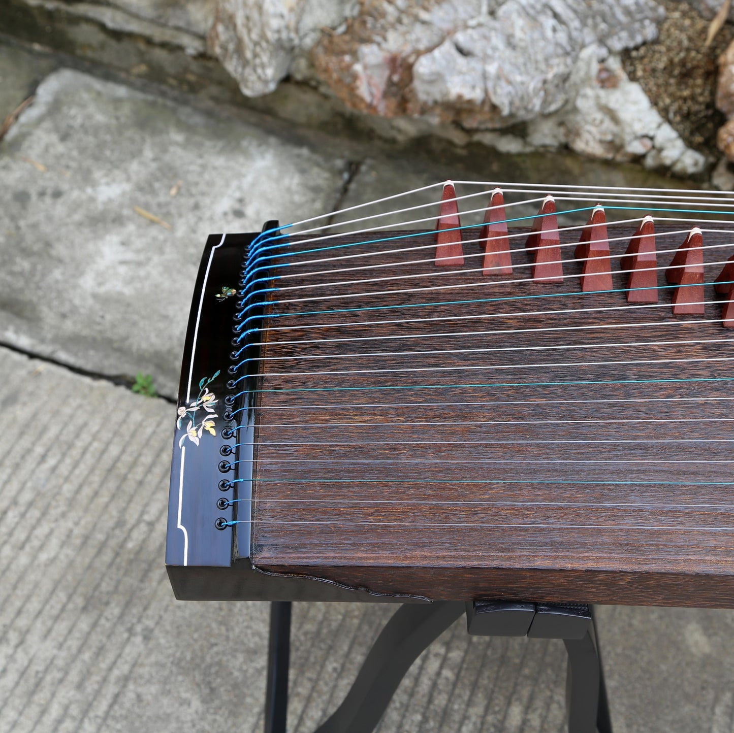 LANDTOM Silken Glory 100cm/39.4in Portable Professional Ebony Small Guzheng with Thick Hollow-Carved Sound Channel, Mother-of-Pearl Inlay & Steel-Core Nylon Strings Mini Guzheng