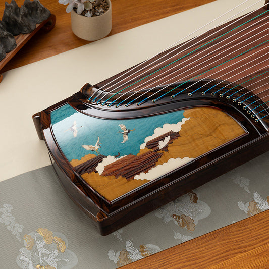 LANDTOM Auspicious Crane 163cm/64.2in Professional Guzheng with Paulownia Soundboard, Black Persimmon Wood Veneer Inlay Carving, Rosewood Bridges & Performance Grade