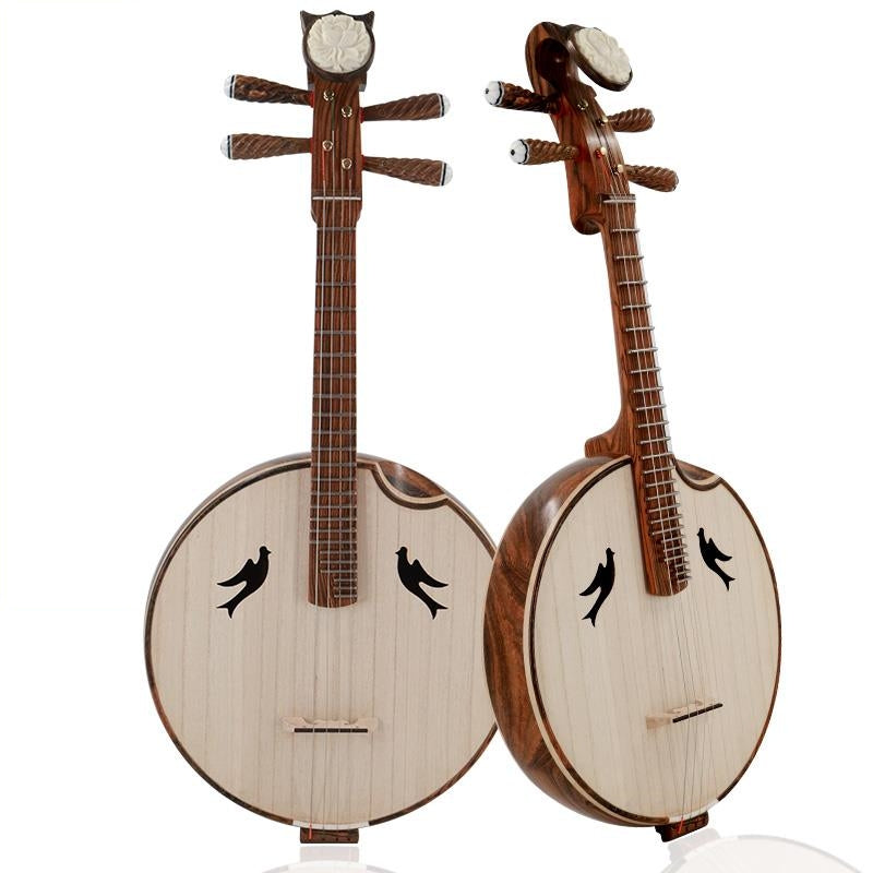 LANDTOM Golden Sandalwood Zhongruan Professional Performance Grade with Paulownia Soundboard, Cutaway Body, Peony Headstock & Bird-Shaped Sound Holes