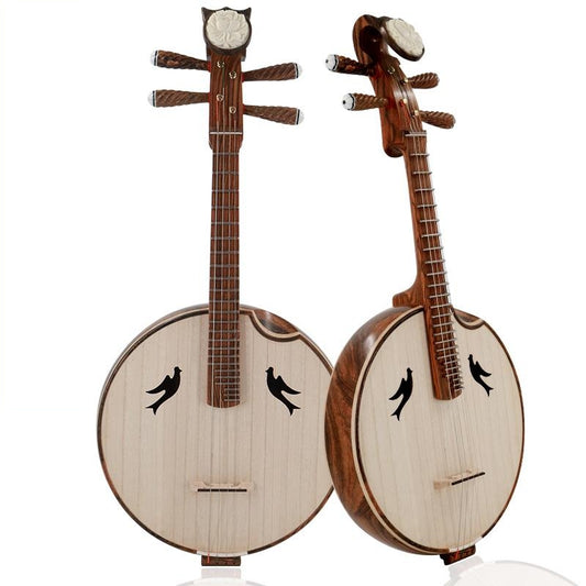 LANDTOM Golden Sandalwood Zhongruan Professional Performance Grade with Paulownia Soundboard, Cutaway Body, Peony Headstock & Bird-Shaped Sound Holes