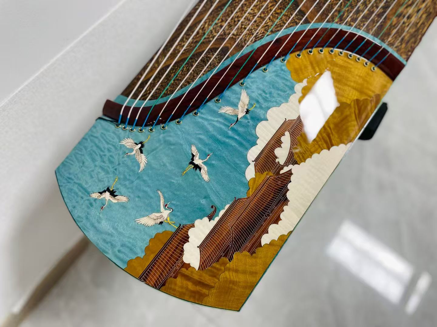 LANDTOM Auspicious Crane 163cm/64.2in Professional Guzheng with Paulownia Soundboard, Black Persimmon Wood Veneer Inlay Carving, Rosewood Bridges & Performance Grade