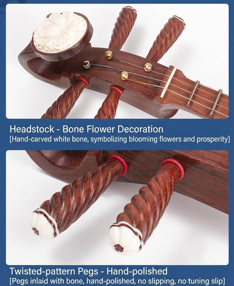 LANDTOM Rosewood Zhongruan Intermediate Performance & Examination Grade with Paulownia Soundboard, Cutaway Body, Mother-of-Pearl Peony Inlay, Peony Headstock & Bird-Shaped Sound Holes