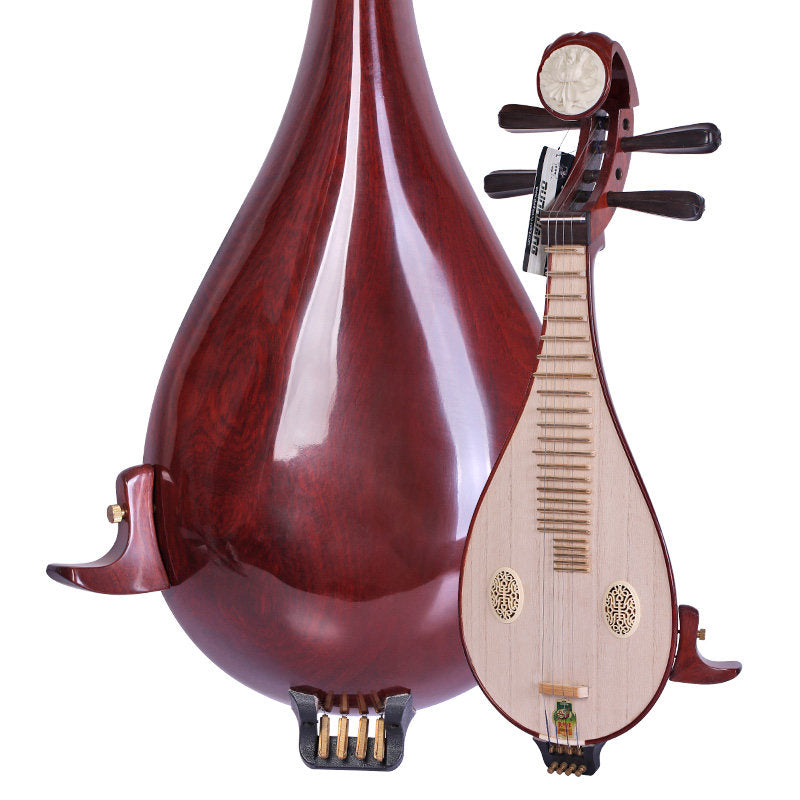 Dunhuang敦煌 651M Professional Liuqin Paulownia Soundboard, Dalbergia Rosewood Body & Aged Rosewood Six-Ridged Tuning Pegs, Peony Headstock, 4-String Chinese Mandolin for Performance & Examinations
