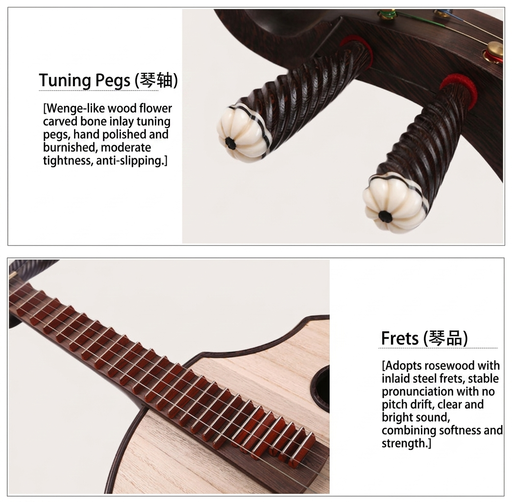 LANDTOM Wenge Wood Zhongruan Professional Performance Grade with Paulownia Soundboard, Cutaway Body, Peony Headstock & Bird-Shaped Sound Holes