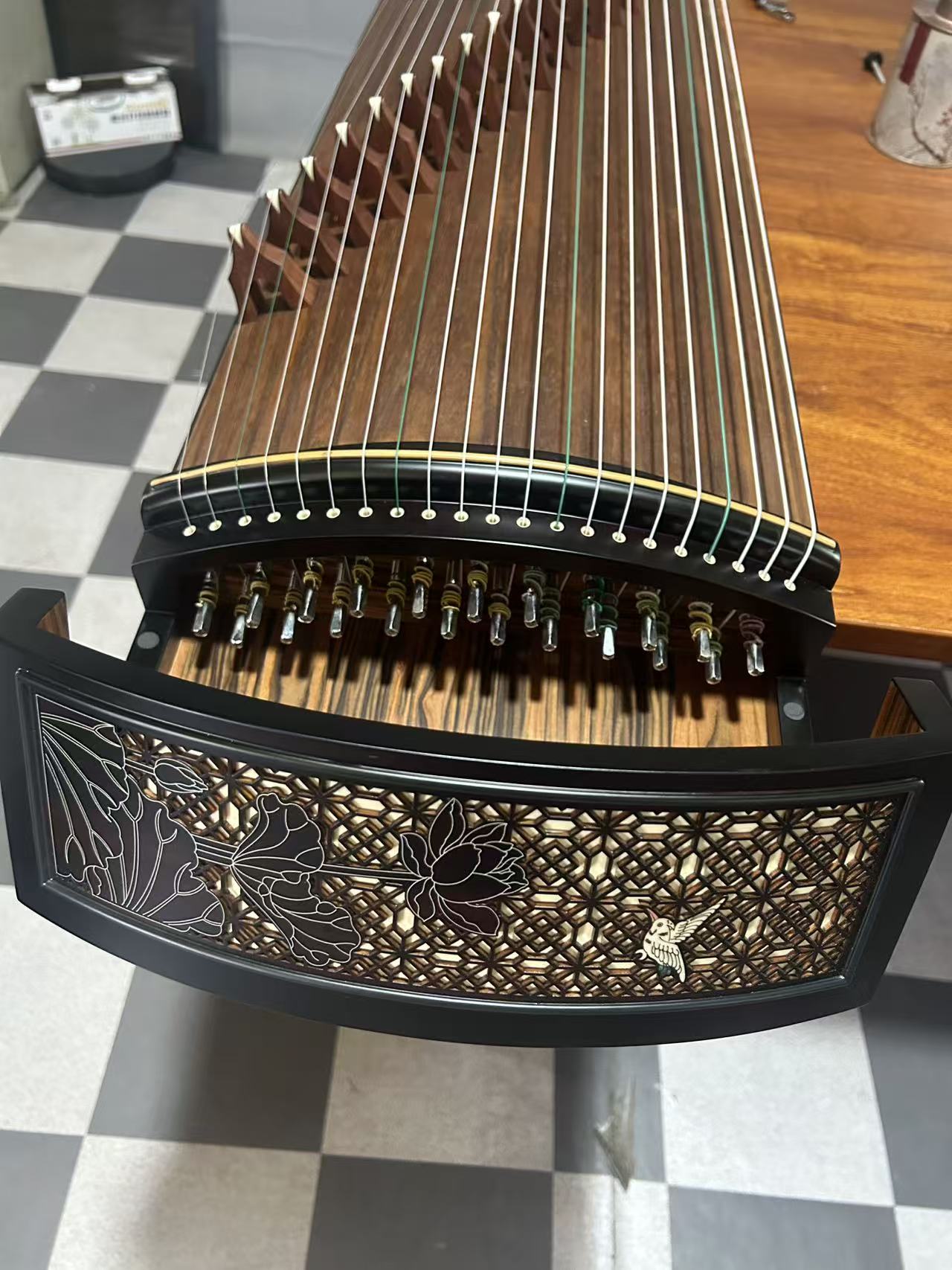 LANDTOM Lotus Window 163cm/64.2in Professional Guzheng with Paulownia Soundboard, Black Sandalwood Trim, Hollow Lotus Window Carving & Steel-Core Nylon Strings