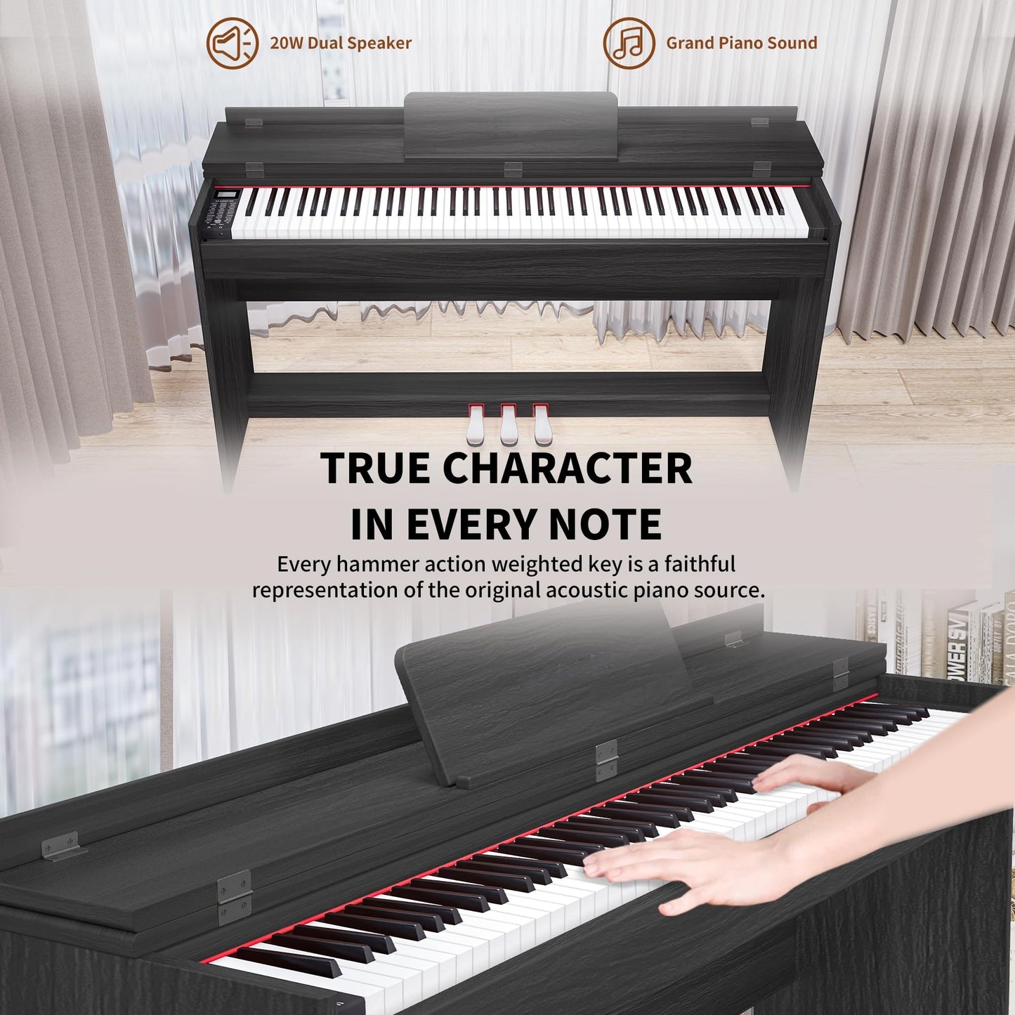 LANDTOM BL-8812 Digital Piano 88 Key Fully Weighted Keyboard, White | Hammer Action Electric Pianos, Wooden Upright Electronic Piano for Beginner & Professional, Midi Compatible, Triple Pedal