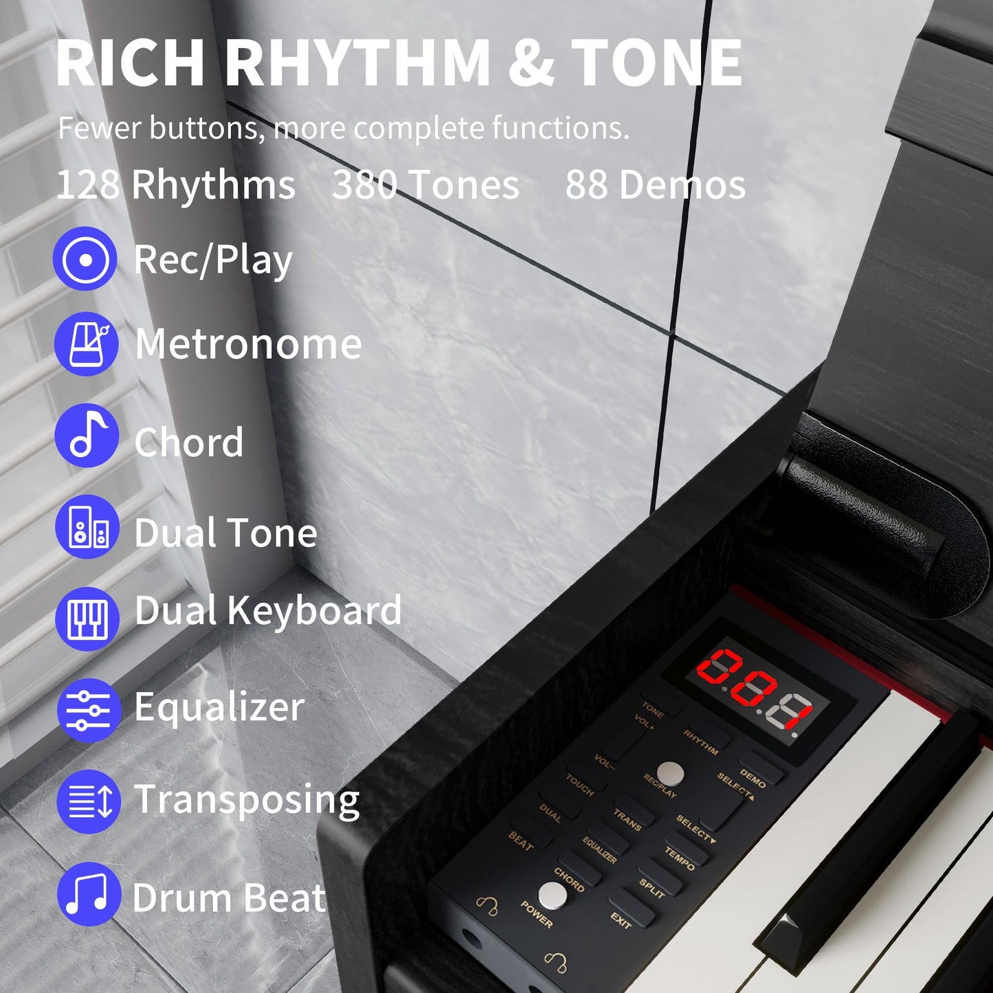 LANDTOM BL-C01 88 Keys Fully Weighted Digital Piano Keyboard, White | Hammer Action Upright Electric Piano for Beginner Professional with Semi-Automatic Soft-Close Fallboard, 3 Pedals