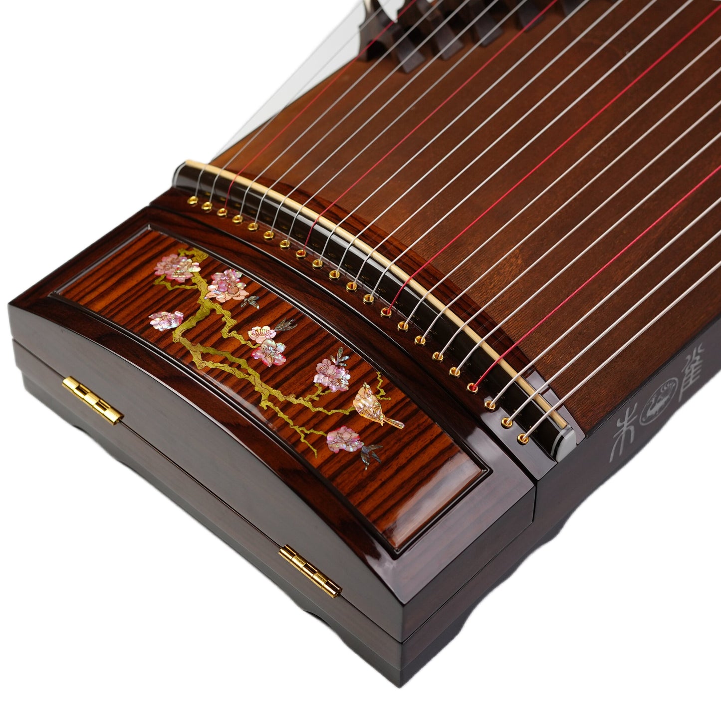 Zhuque朱雀 Series 5 Blooming Courtyard Professional Guzheng with Premium Lankao Paulownia Soundboard, Red Sandalwood Body, Ebony Bridges & Hollow-Carved Construction