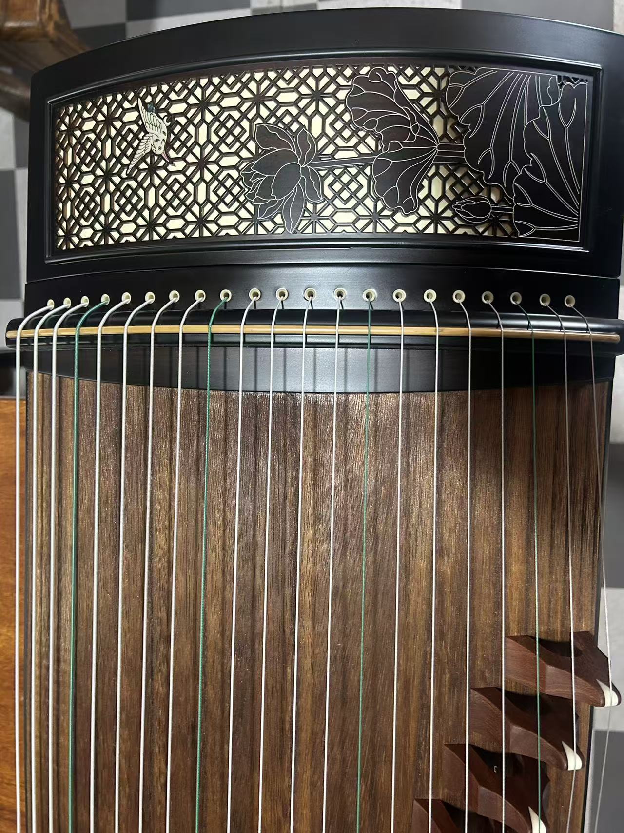 LANDTOM Lotus Window 163cm/64.2in Professional Guzheng with Paulownia Soundboard, Black Sandalwood Trim, Hollow Lotus Window Carving & Steel-Core Nylon Strings