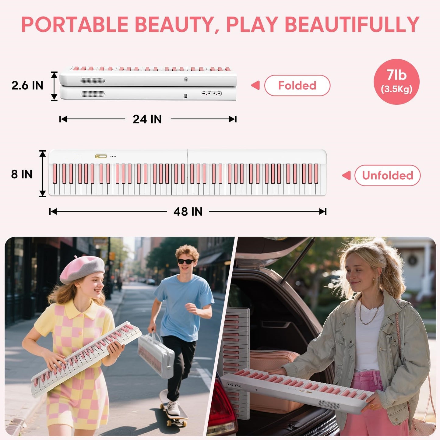 LANDTOM Piano Keyboard 88 Keys with Magnetic Connection | for Beginners, Birthday Gifts | Portable Foldable Electric Piano Keyboard, Lightweight Purple Keys, Sustain Pedal, Piano Bag