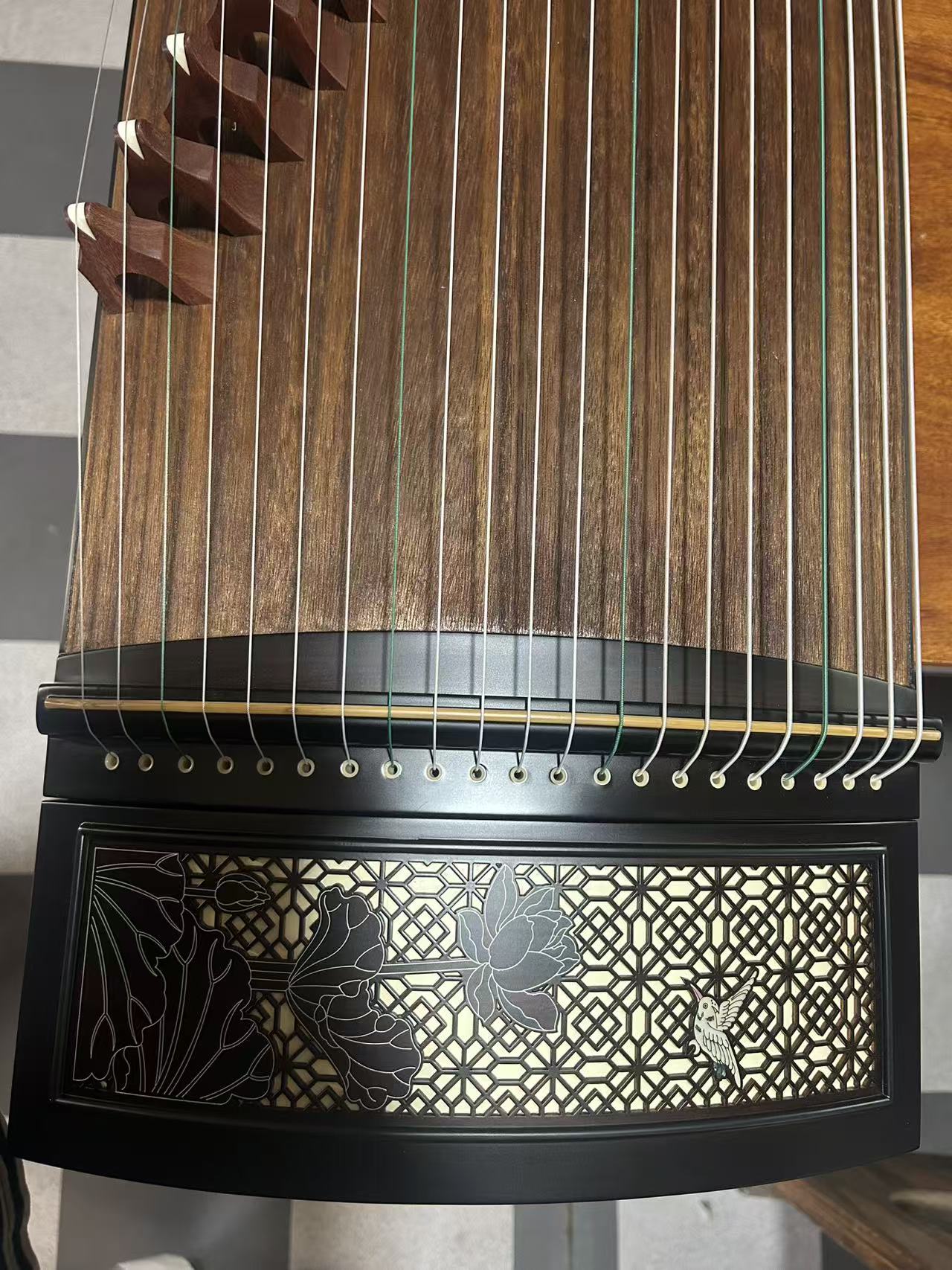 LANDTOM Lotus Window 163cm/64.2in Professional Guzheng with Paulownia Soundboard, Black Sandalwood Trim, Hollow Lotus Window Carving & Steel-Core Nylon Strings