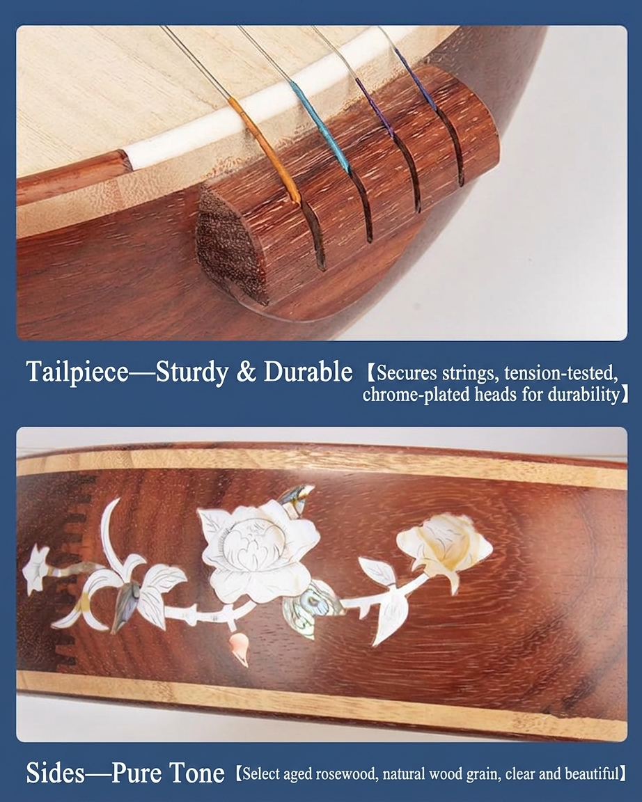 LANDTOM Rosewood Zhongruan Intermediate Performance & Examination Grade with Paulownia Soundboard, Cutaway Body, Mother-of-Pearl Peony Inlay, Peony Headstock & Bird-Shaped Sound Holes