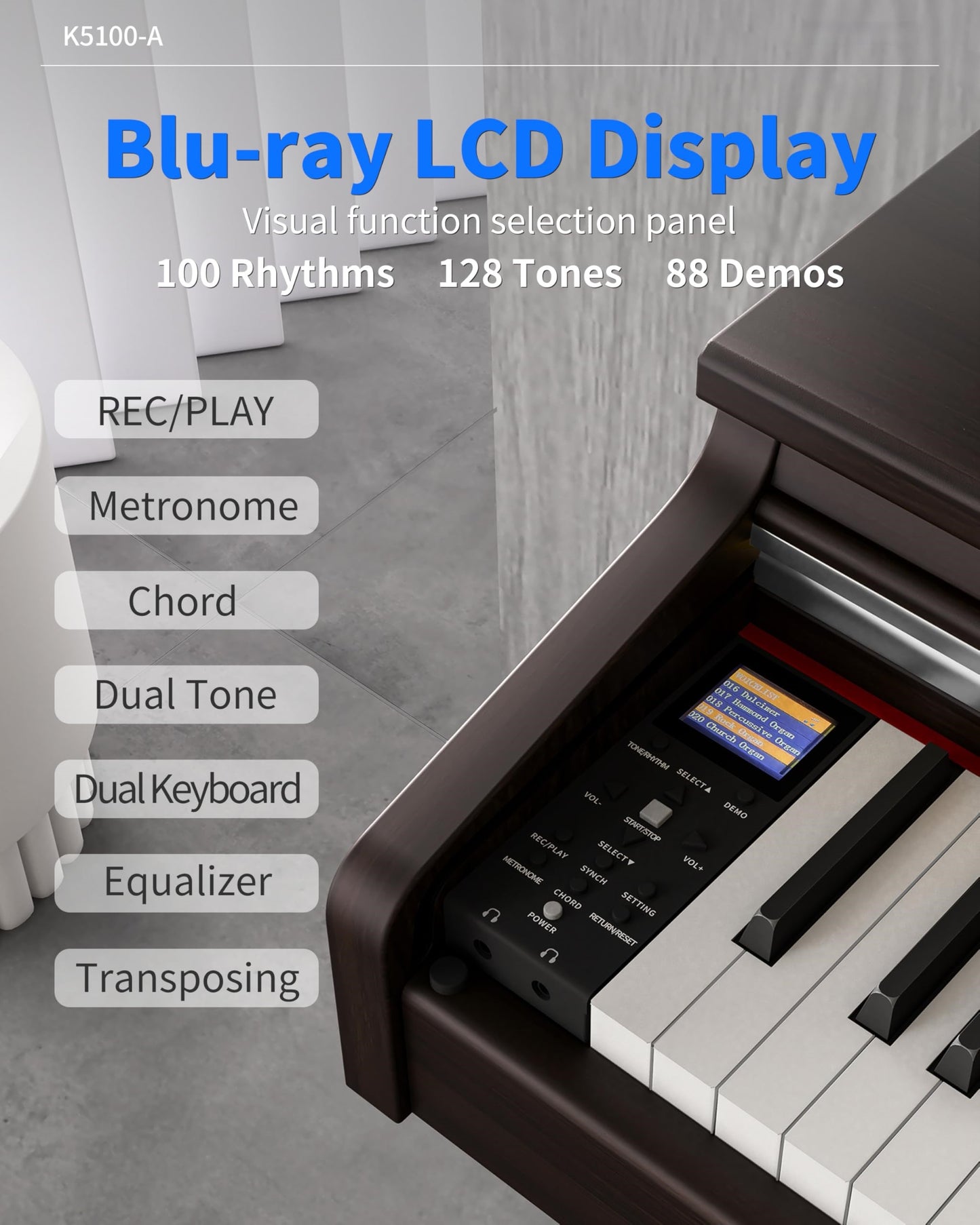 LANDTOM K5100 Digital Piano 88 Keys Weighted Keyboard, Brown | Full Size Hammer Action, Grand Piano Sound, Color Display, Wooden Electronic Piano with 3 Pedals for Beginner Professional