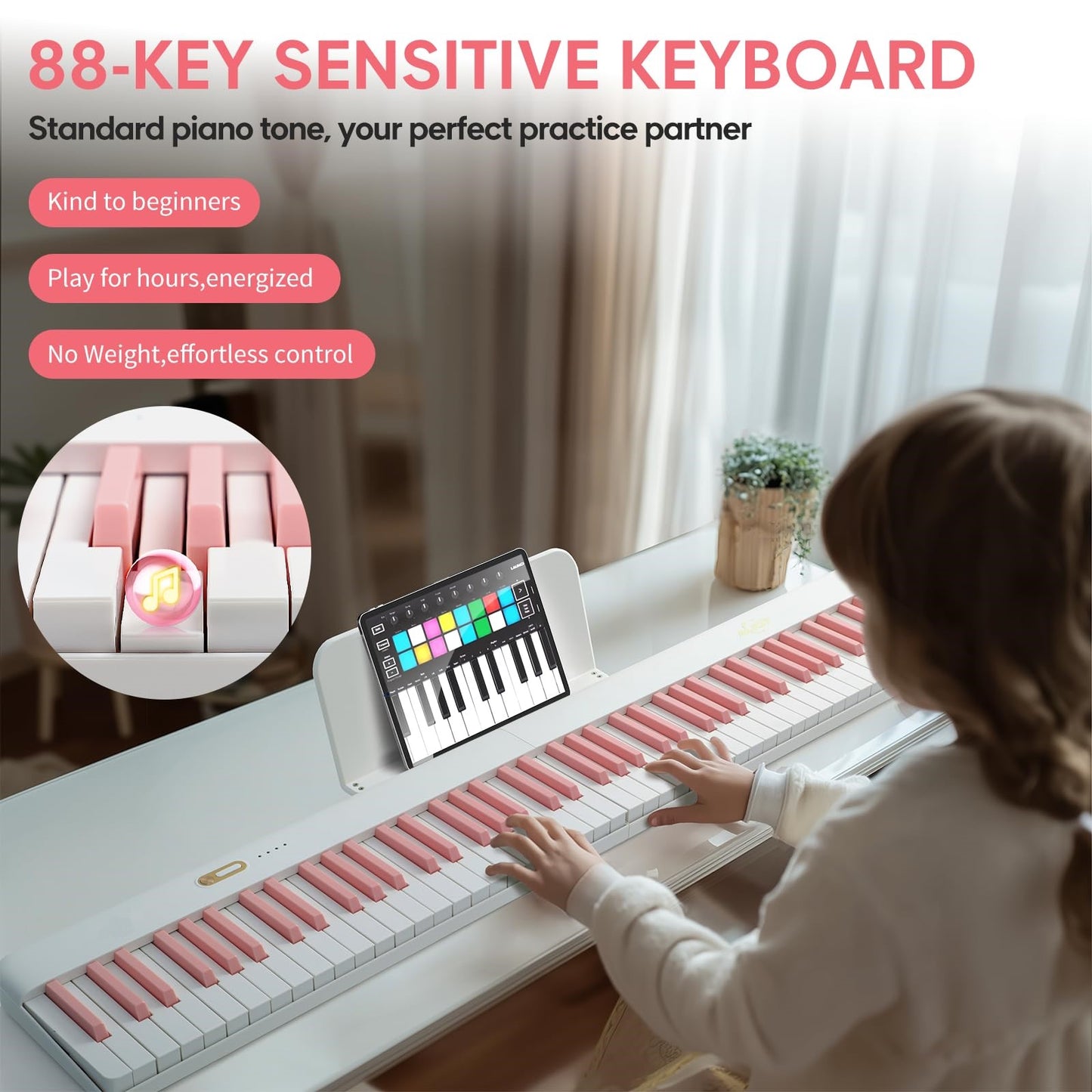 LANDTOM Piano Keyboard 88 Keys with Magnetic Connection | for Beginners, Birthday Gifts | Portable Foldable Electric Piano Keyboard, Lightweight Purple Keys, Sustain Pedal, Piano Bag