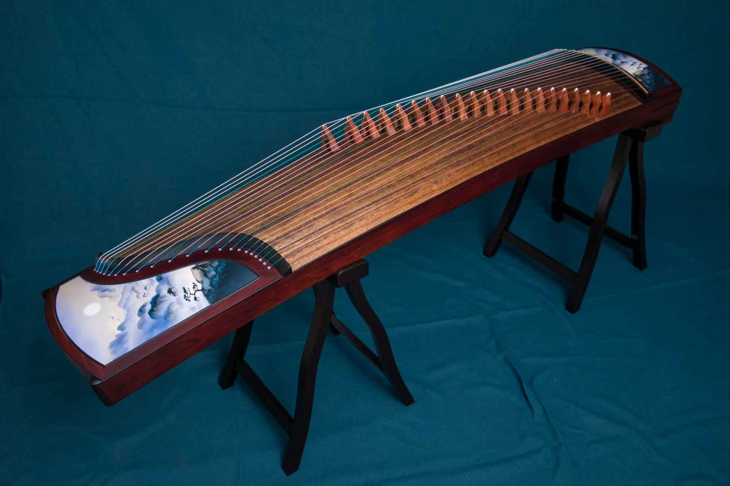 LANDTOM Greeting Pine 163cm/64.2in Professional Guzheng with Broadleaf Rosewood, Paulownia Soundboard, Hand-Painted Artwork & Performance Grade
