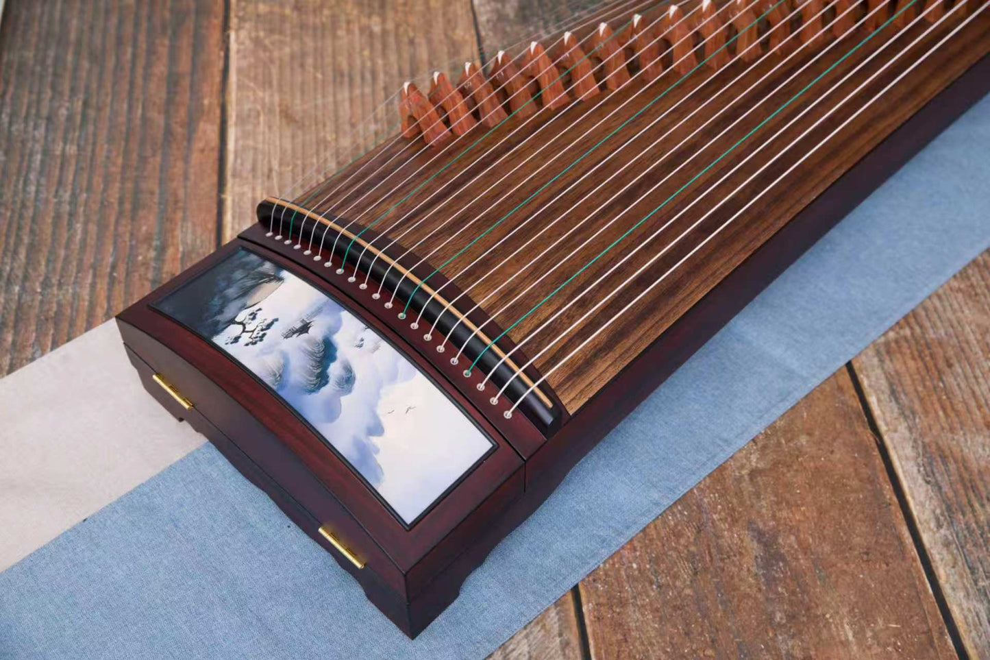 LANDTOM Greeting Pine 163cm/64.2in Professional Guzheng with Broadleaf Rosewood, Paulownia Soundboard, Hand-Painted Artwork & Performance Grade