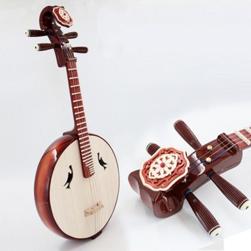LANDTOM Beginner Zhongruan Chinese Moon Lute with Paulownia Soundboard, Hardwood Sides, Rounded Body, Ruyi Headstock & Bird-Shaped Sound Holes, Traditional 4-String Plucked Instrument