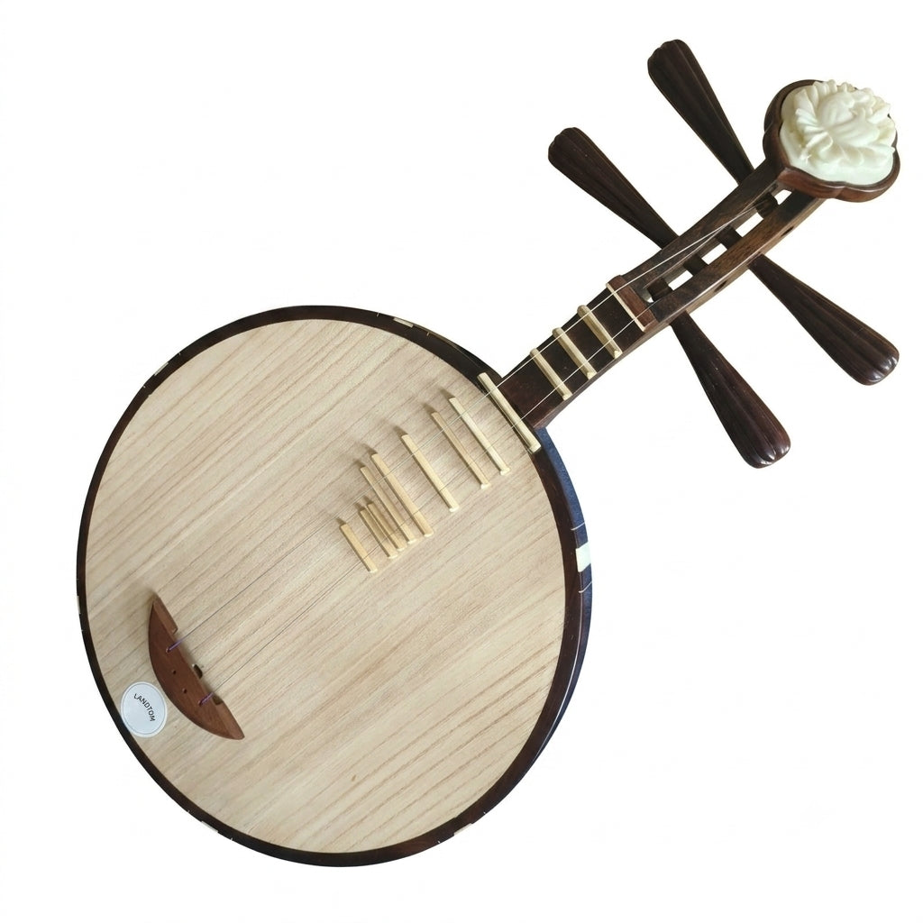 LANDTOM Professional Ebony Peking Opera Yueqin with Paulownia Soundboard, Rounded Body, Peony Headstock, Traditional Chinese Moon Guitar for Performance