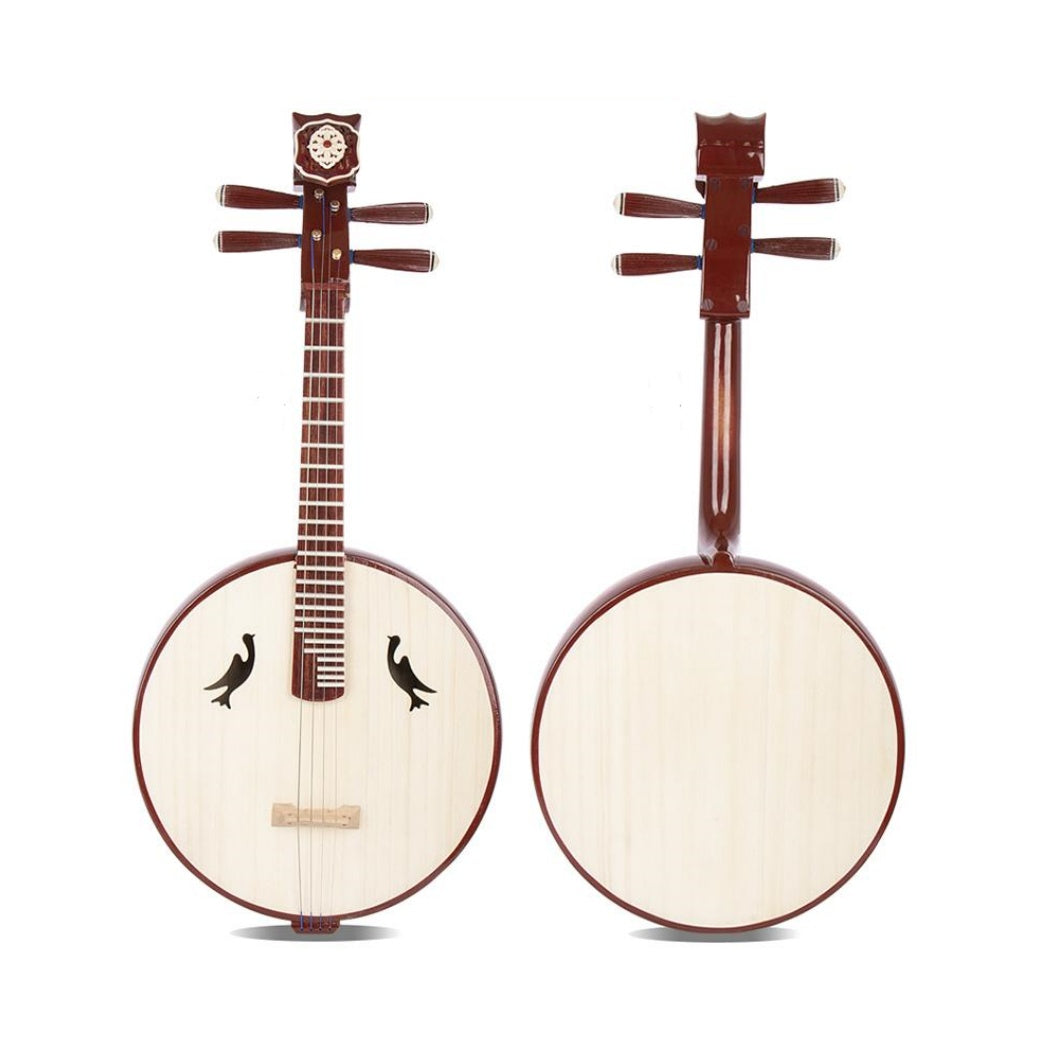 LANDTOM Beginner Zhongruan Chinese Moon Lute with Paulownia Soundboard, Hardwood Sides, Rounded Body, Ruyi Headstock & Bird-Shaped Sound Holes, Traditional 4-String Plucked Instrument
