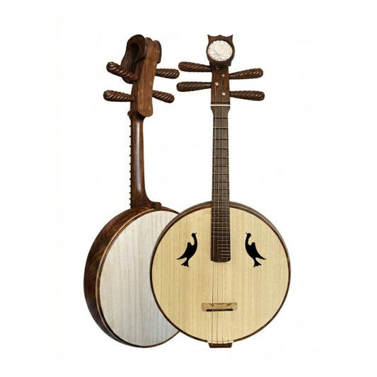 LANDTOM Golden Sandalwood Zhongruan Professional Performance Grade with Paulownia Soundboard, Rounded Body, Peony Headstock & Bird-Shaped Sound Holes