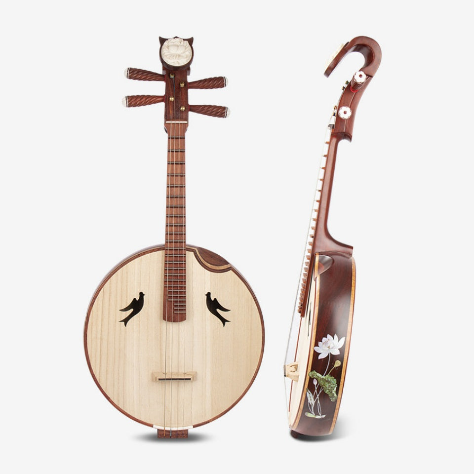 LANDTOM Rosewood Zhongruan Intermediate Performance & Examination Grade with Paulownia Soundboard, Cutaway Body, Lotus Inlay, Peony Headstock & Bird-Shaped Sound Holes