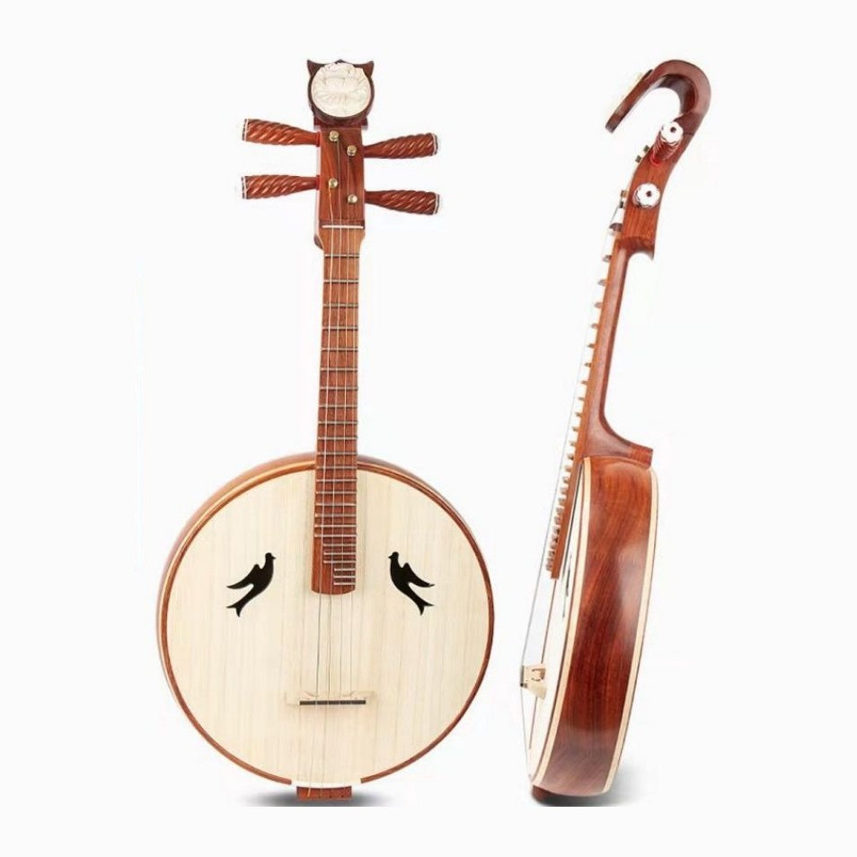 LANDTOM Rosewood Zhongruan Intermediate Performance & Examination Grade with Paulownia Soundboard, Rounded Body, Peony Headstock & Bird-Shaped Sound Holes