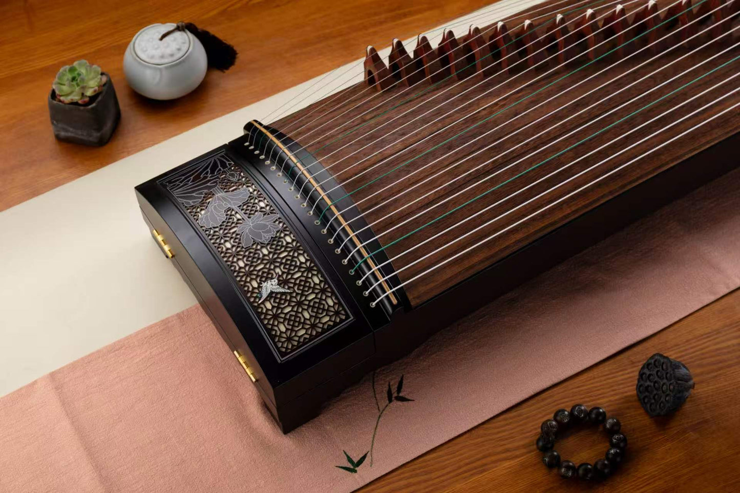 LANDTOM Lotus Window 163cm/64.2in Professional Guzheng with Paulownia Soundboard, Black Sandalwood Trim, Hollow Lotus Window Carving & Steel-Core Nylon Strings