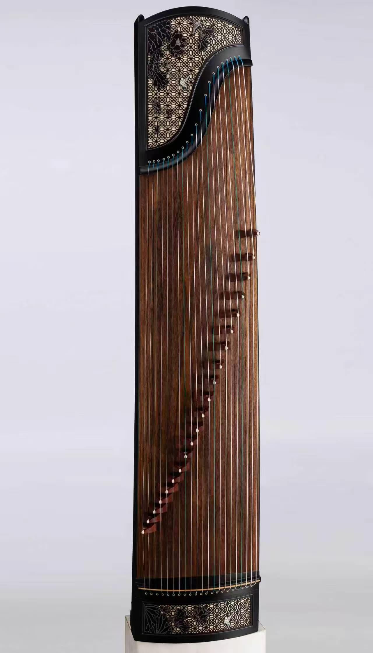 LANDTOM Lotus Window 163cm/64.2in Professional Guzheng with Paulownia Soundboard, Black Sandalwood Trim, Hollow Lotus Window Carving & Steel-Core Nylon Strings