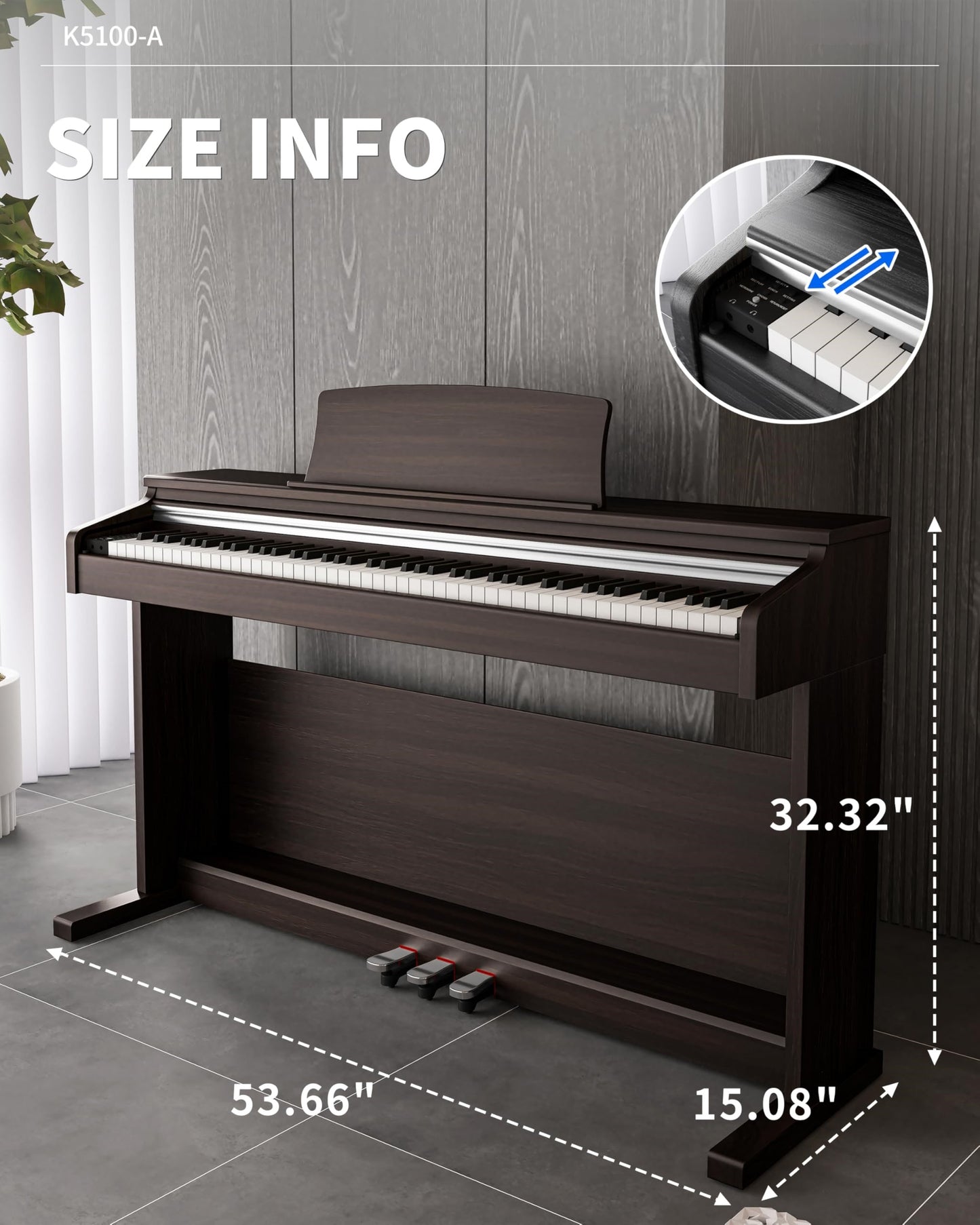 LANDTOM K5100 Digital Piano 88 Keys Weighted Keyboard, Brown | Full Size Hammer Action, Grand Piano Sound, Color Display, Wooden Electronic Piano with 3 Pedals for Beginner Professional