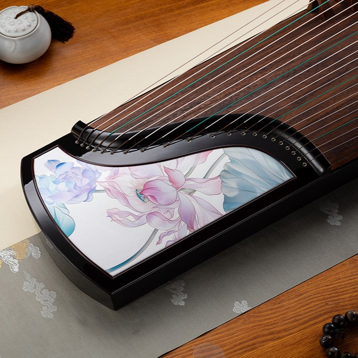 LANDTOM Lotus Harmony Beginner 163cm/64.2in Guzheng with Ebony Wood Body, Lankao Paulownia Soundboard, Gold Accented Lacquer Painting, 21-String Chinese Zither