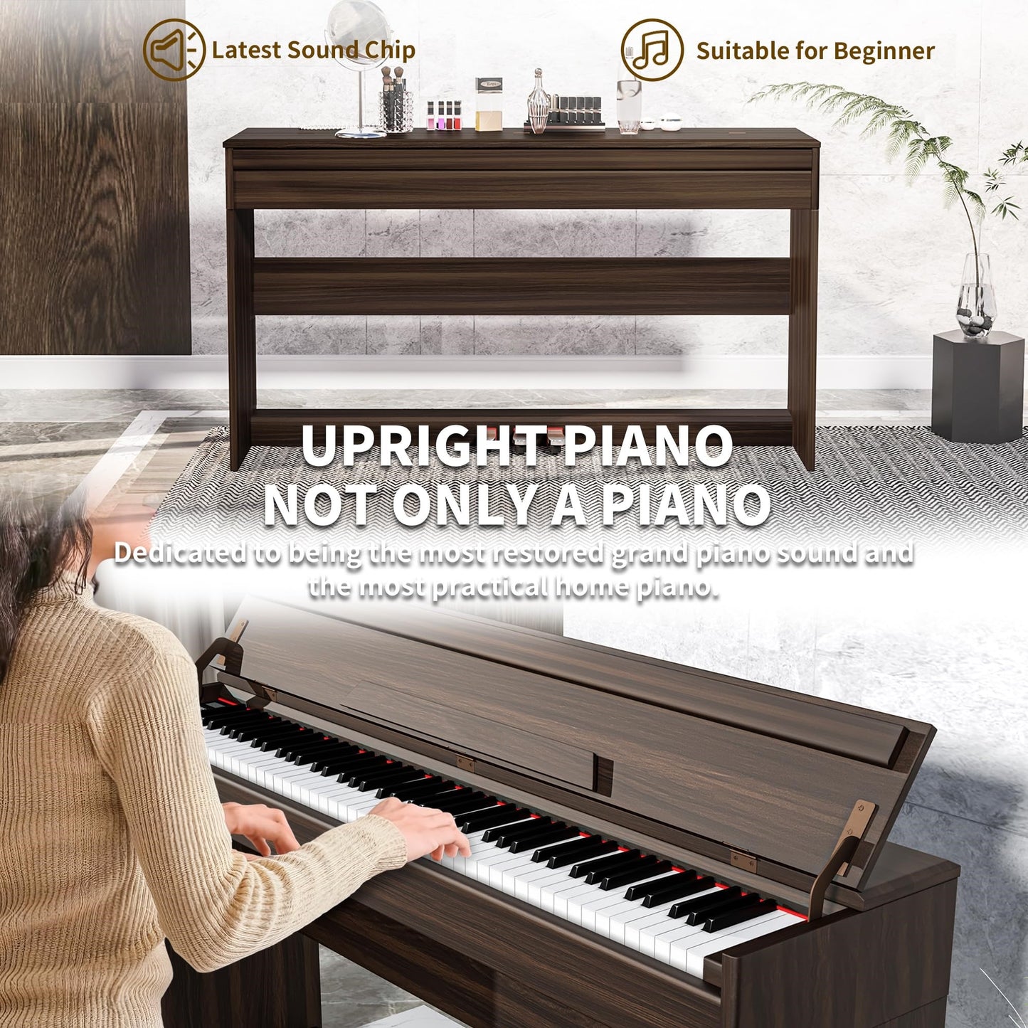 LANDTOM Digital Piano 88 Key Full Size Keyboard for Beginners, White | Home Upright Electric Pianos, Sensitive Touch, Wooden Electronic Piano with Triple Pedals, Supports USB-MIDI Connect