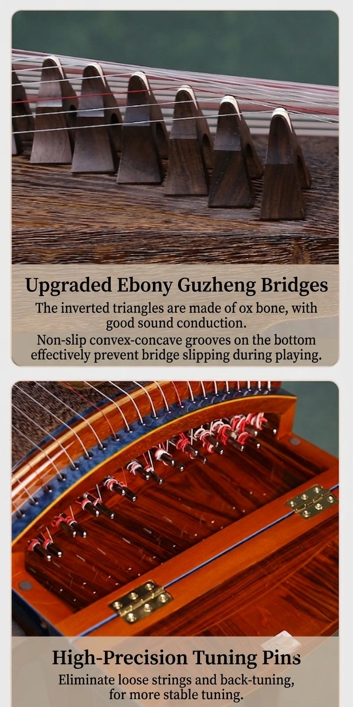 LANDTOM 130cm/51.2in "Echoes" Portable Guzheng, Professional Thick-Carved Mini Guzheng 厚挖筝, Grade A Lankao Paulownia Soundboard, Burl Wood & Ebony Trim Small Guzheng