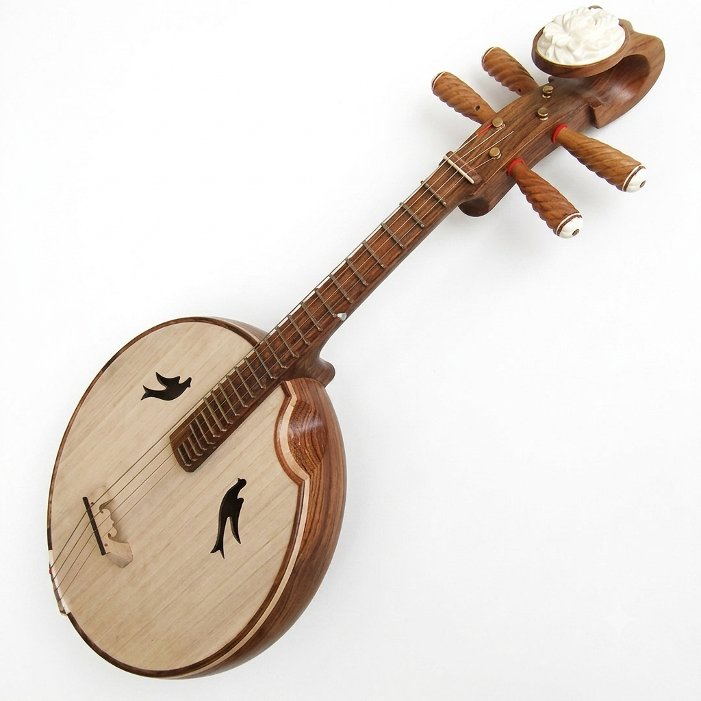 LANDTOM African Padauk Zhongruan Professional Performance Grade with Paulownia Soundboard, Cutaway Body, Peony Headstock & Bird-Shaped Sound Holes