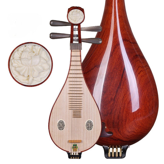 Dunhuang敦煌 651M Professional Liuqin Paulownia Soundboard, Dalbergia Rosewood Body & Aged Rosewood Six-Ridged Tuning Pegs, Peony Headstock, 4-String Chinese Mandolin for Performance & Examinations
