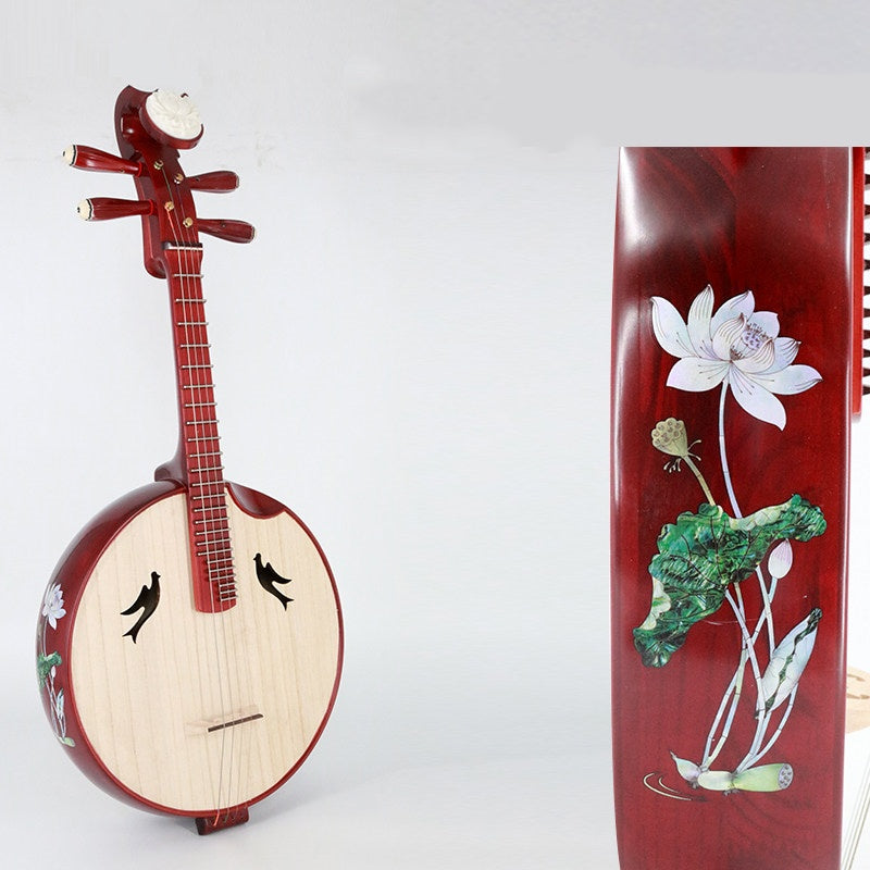 LANDTOM Hongmu Hardwood Lotus Zhongruan Intermediate Performance & Examination Grade with Paulownia Soundboard, Cutaway Body, Mother-of-Pearl Lotus Inlay, Peony Headstock & Bird-Shaped Sound Holes