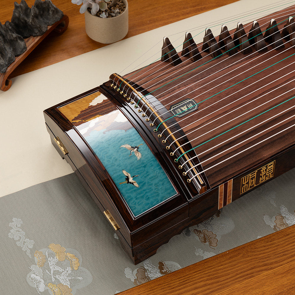 LANDTOM Auspicious Crane 163cm/64.2in Professional Guzheng with Paulownia Soundboard, Black Persimmon Wood Veneer Inlay Carving, Rosewood Bridges & Performance Grade